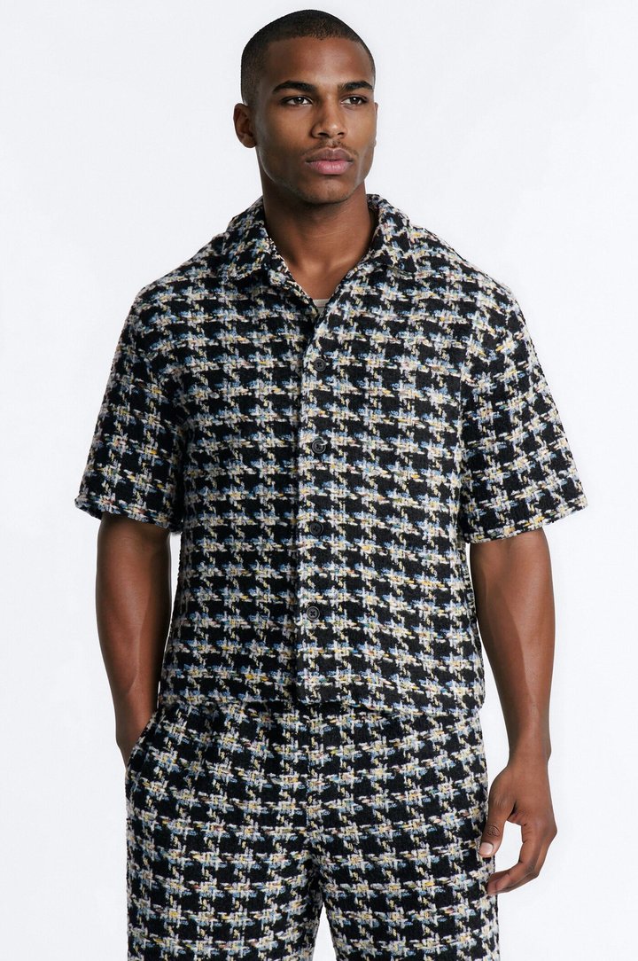 Cropped Relaxed Textured Boucle Houndstooth Button Up Shirt - Black