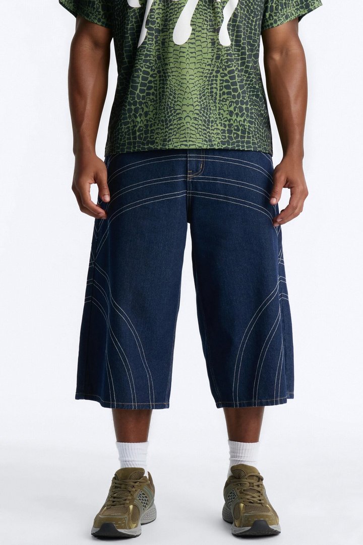 Bodega Stitch Baggy Denim Short - Dark Wash