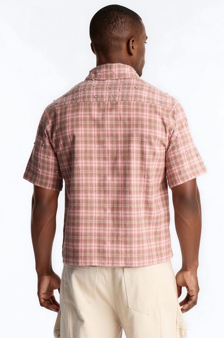 Cropped Vector Studded Plaid Button Up Shirt - Brown