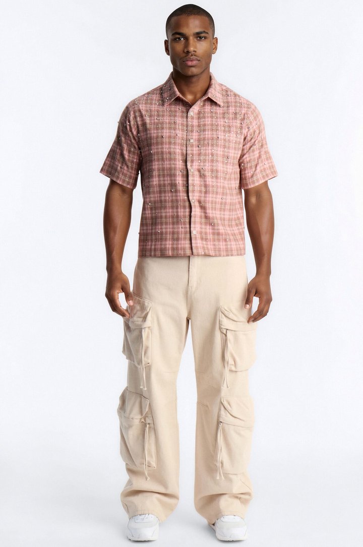 Cropped Vector Studded Plaid Button Up Shirt - Brown