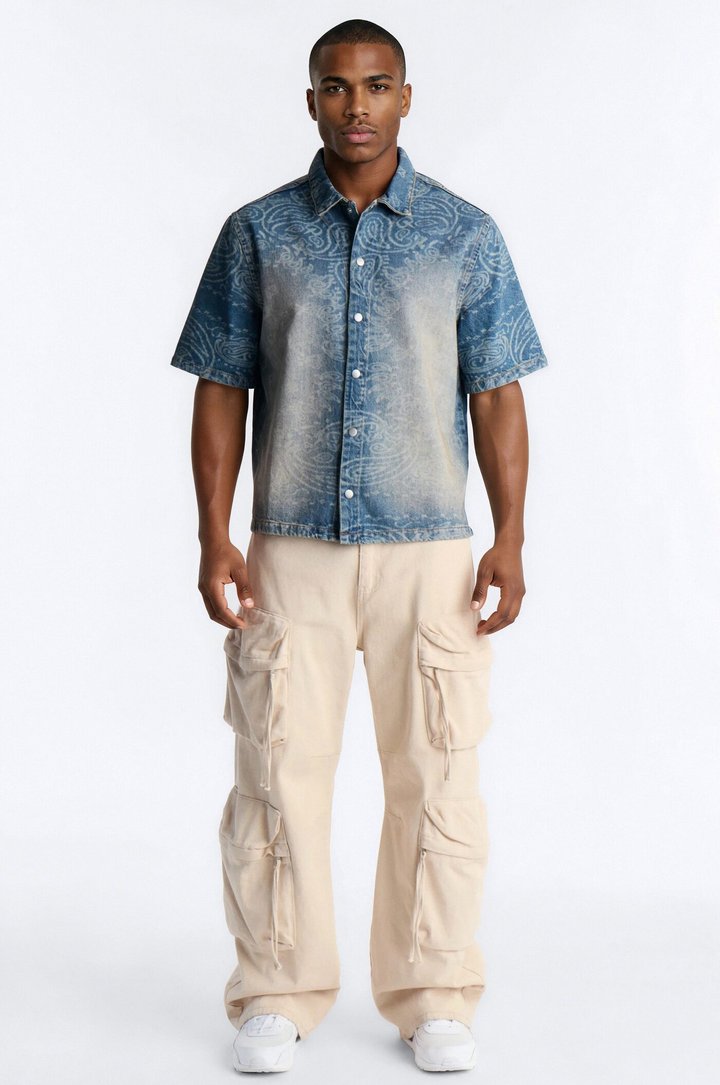 Cropped Paisley Last Denim Button Up Shirt - Medium Blue Wash