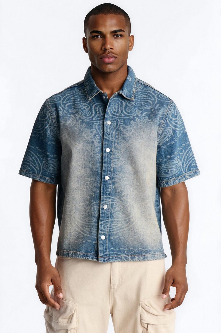 Cropped Paisley Last Denim Button Up Shirt - Medium Blue Wash