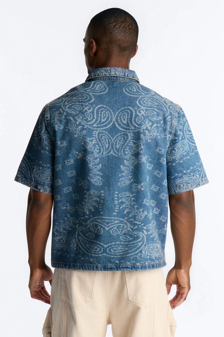 Cropped Paisley Last Denim Button Up Shirt - Medium Blue Wash