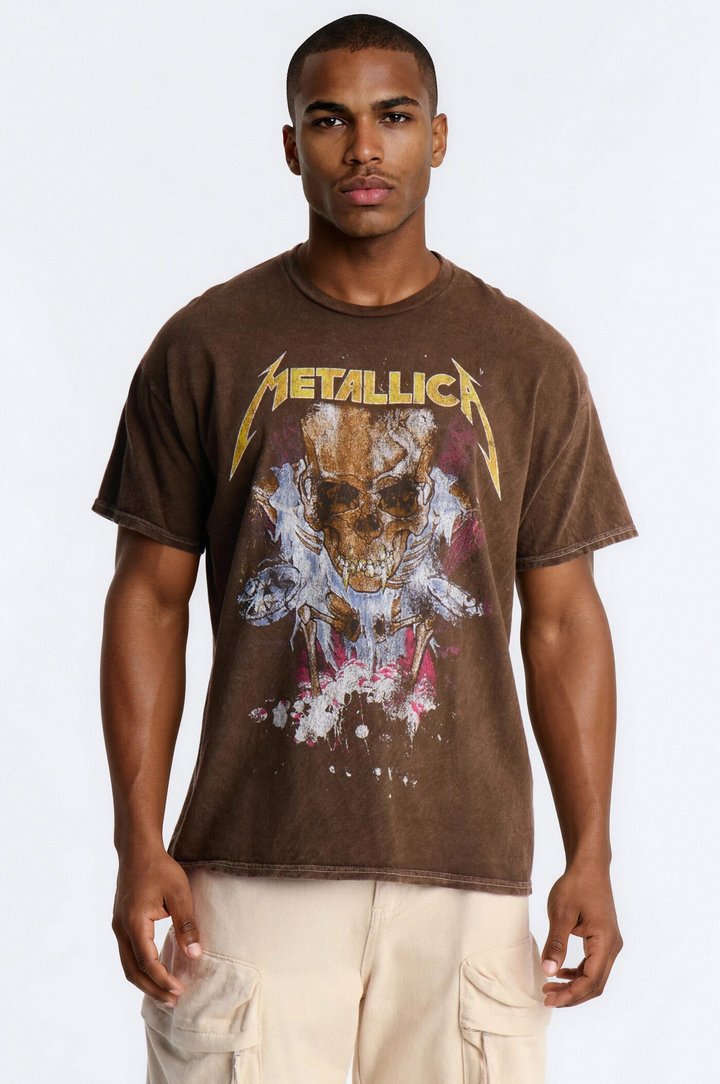 Metallica Vintage Distressed Skull Short Sleeve Tee - Brown