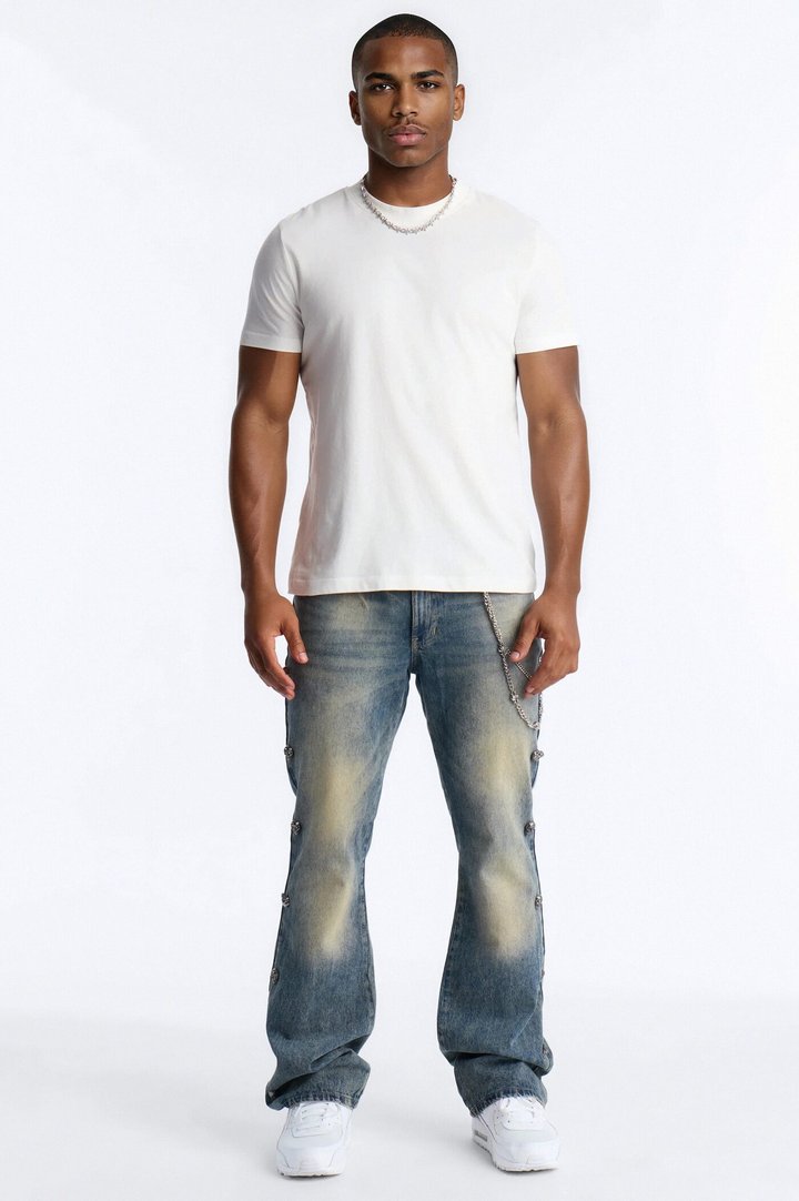 Stacked Slim Flare Chrome Skull Jean - Vintage Wash