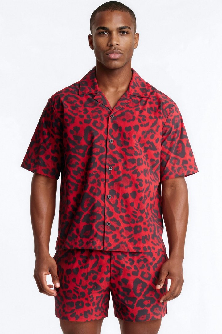 Relaxed Savage Club Leopard Print Cuban Collar Button Up Shirt - Red
