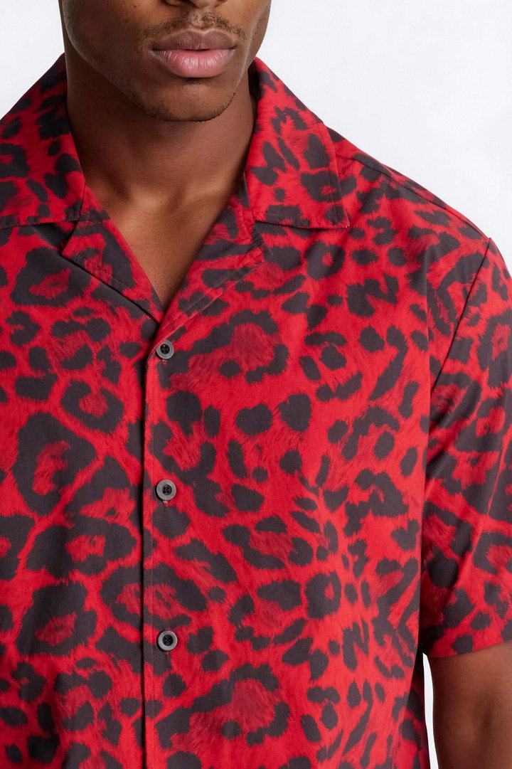 Relaxed Savage Club Leopard Print Cuban Collar Button Up Shirt - Red