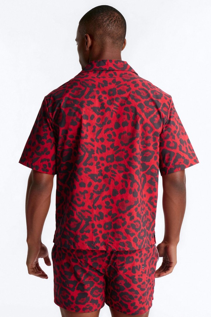Relaxed Savage Club Leopard Print Cuban Collar Button Up Shirt - Red