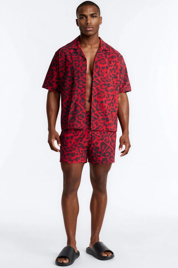 Relaxed Savage Club Leopard Print Cuban Collar Button Up Shirt - Red