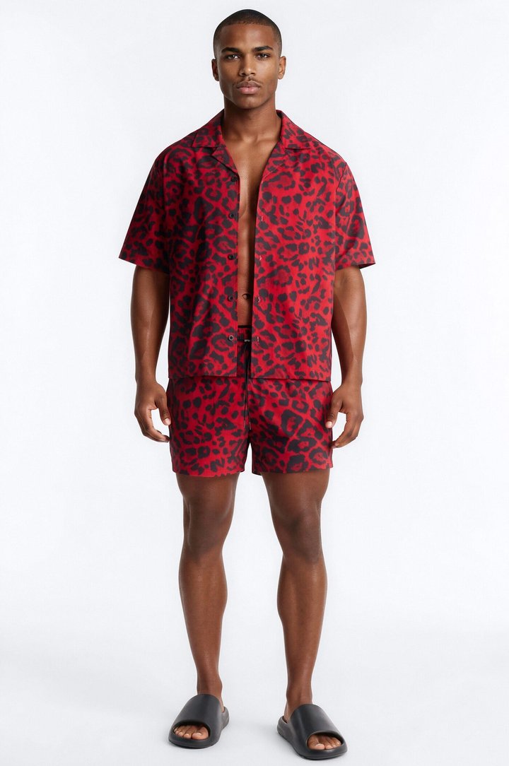 Savage Club Leopard Print Swim Trunk 4″ - Red