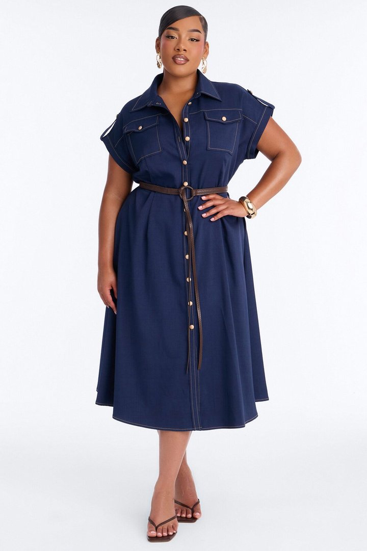 Malissa Belted Midi Dress - Navy