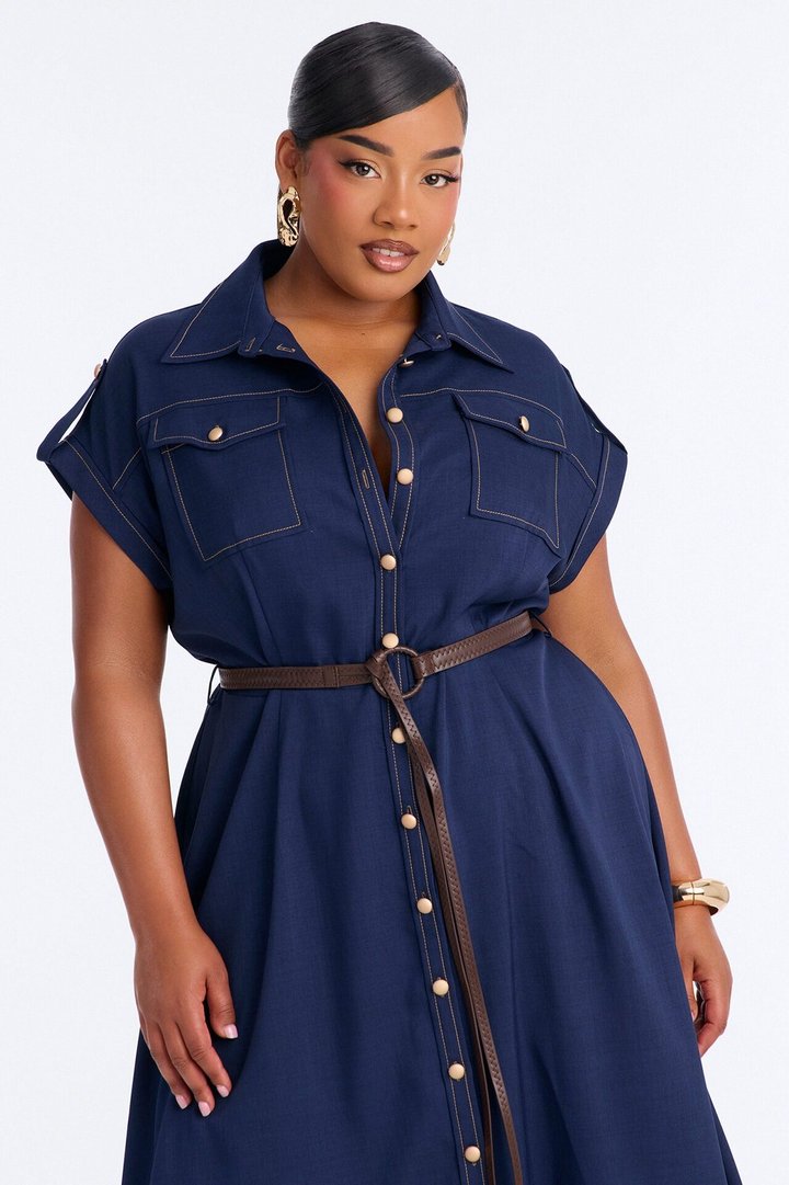Malissa Belted Midi Dress - Navy