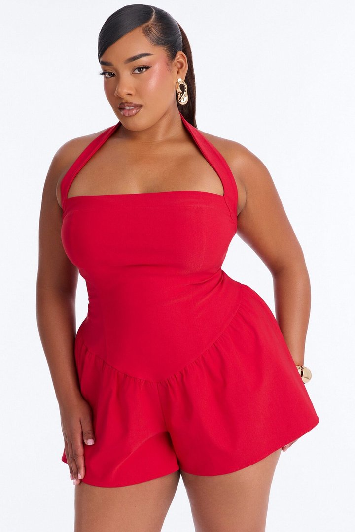 Willa Bubble Halter Romper - Red