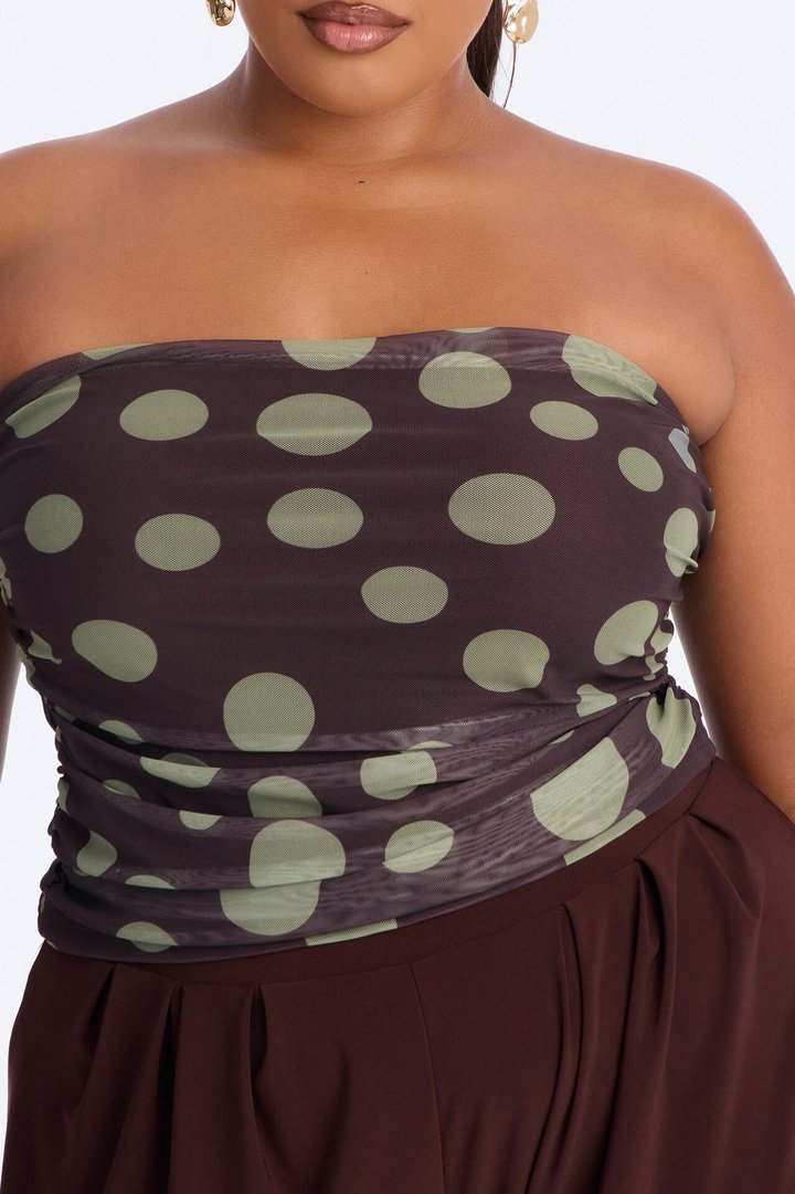Kami Ruched Mesh Polka Dot Tube Top - Brown/combo