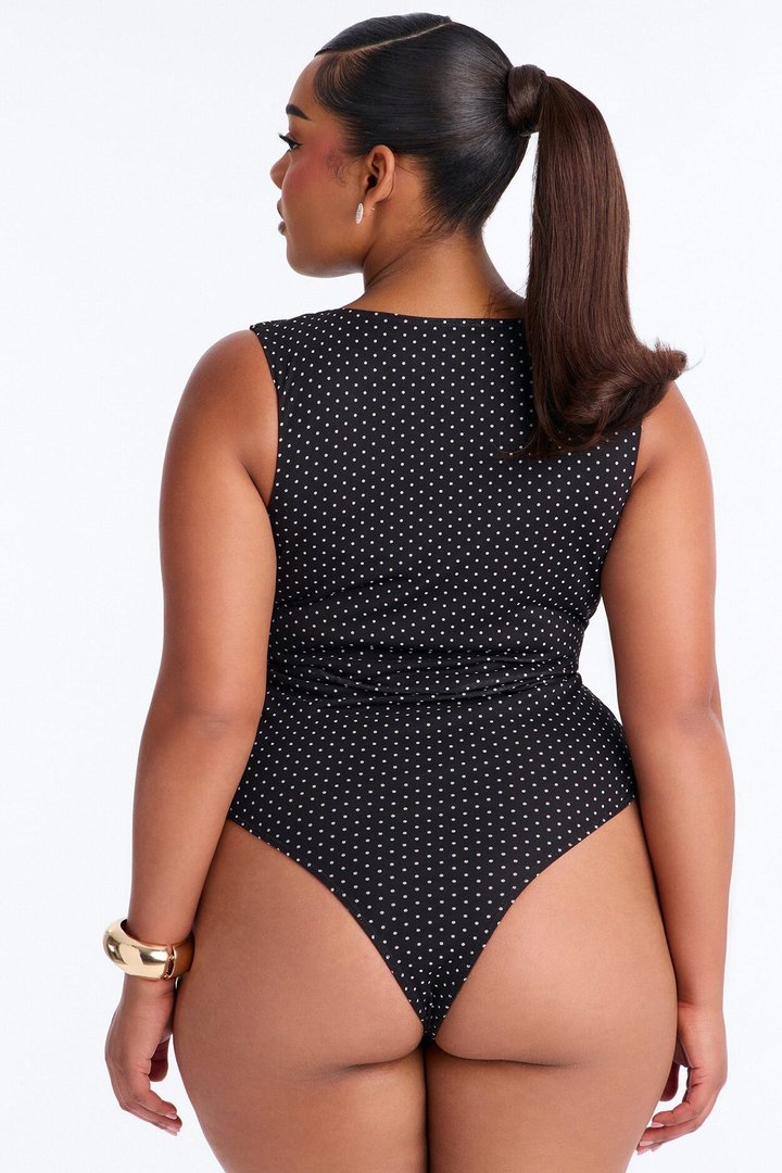 Maggie Polka Dot Mesh Ruched Sleeveless Bodysuit - Black/combo