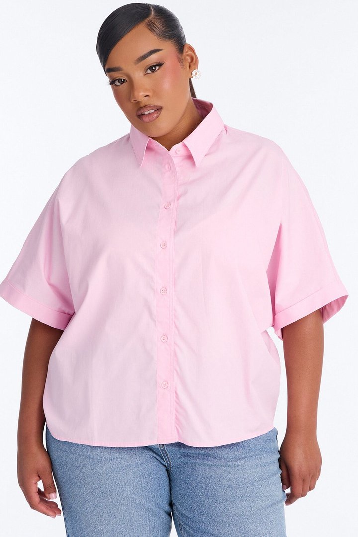 Sancie Oversized Poplin Button Up Shirt - Pink