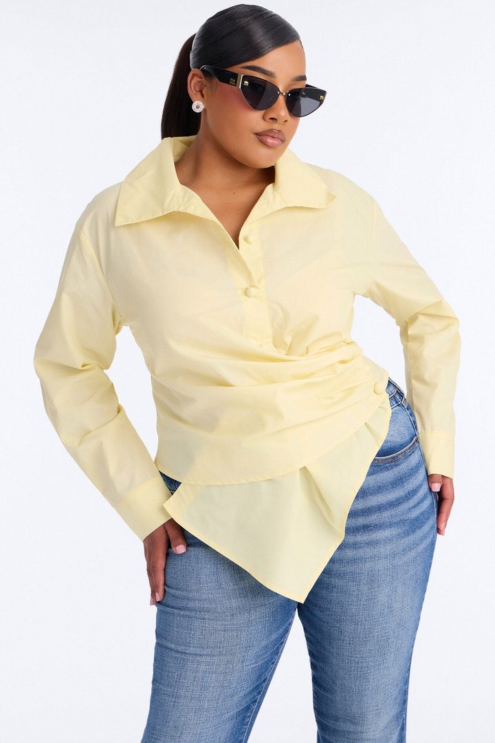 Late For Work Asymmetrical Poplin Shirt - Butter Yellow