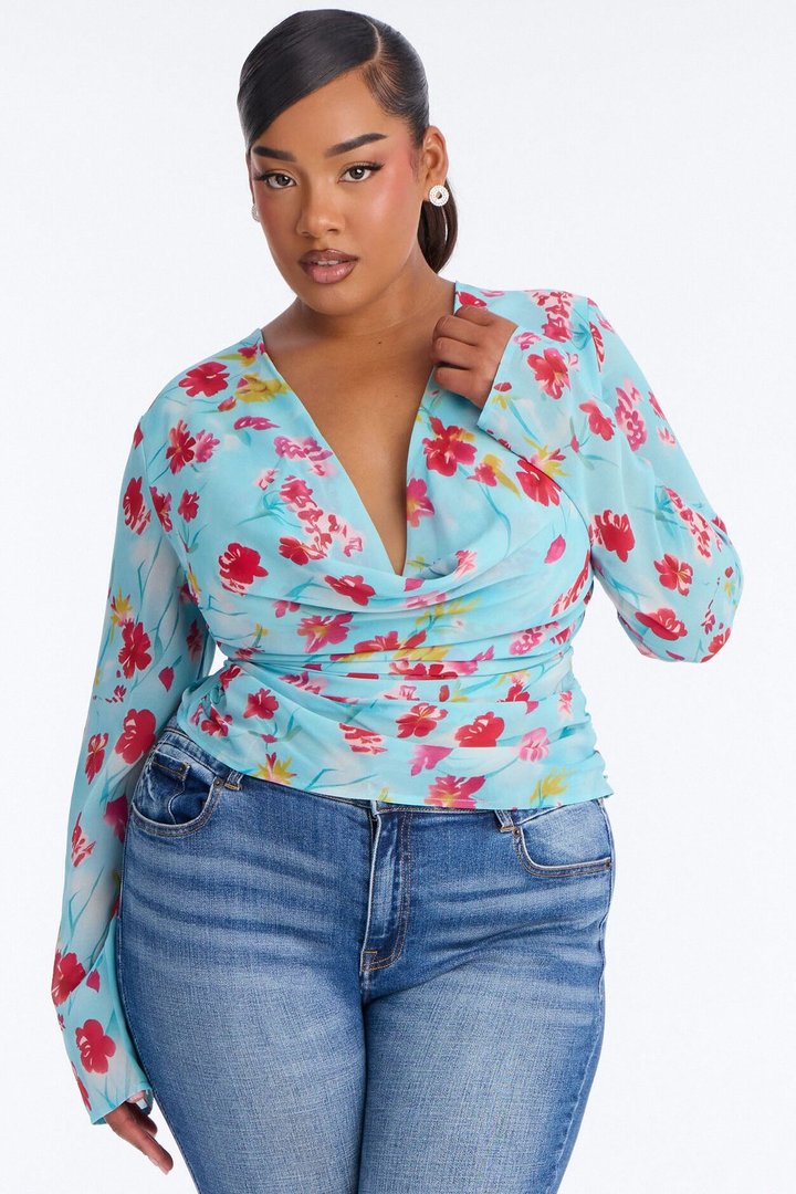Chloe Cowl Neck Floral Chiffon Blouse - Blue/combo
