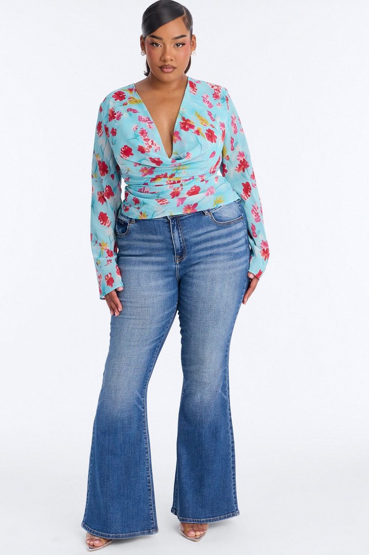Chloe Cowl Neck Floral Chiffon Blouse - Blue/combo