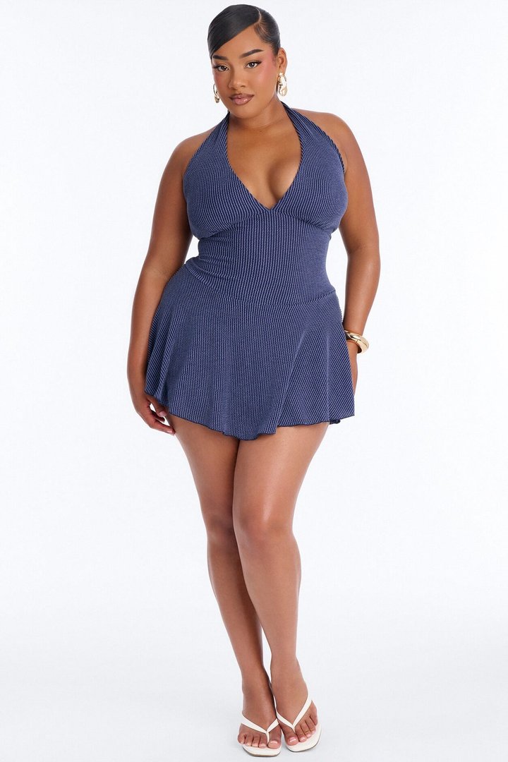 Kamryn Halter Ribbed Mini Dress - Denim