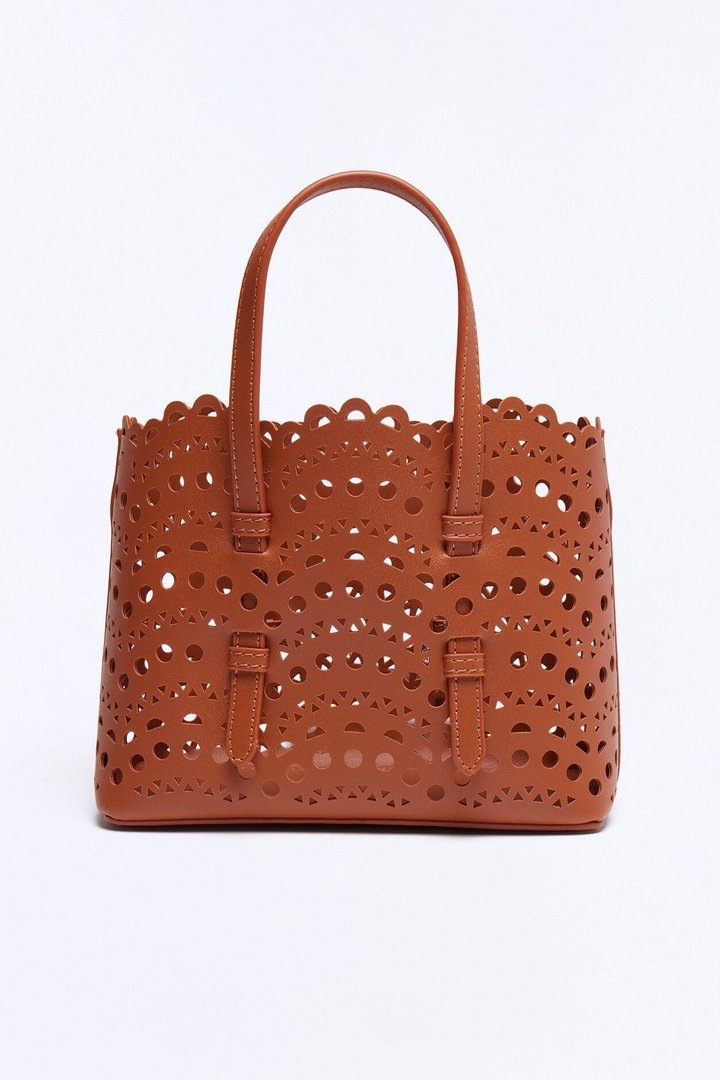 Lace On Faux Leather Crossbody Bag - Cognac