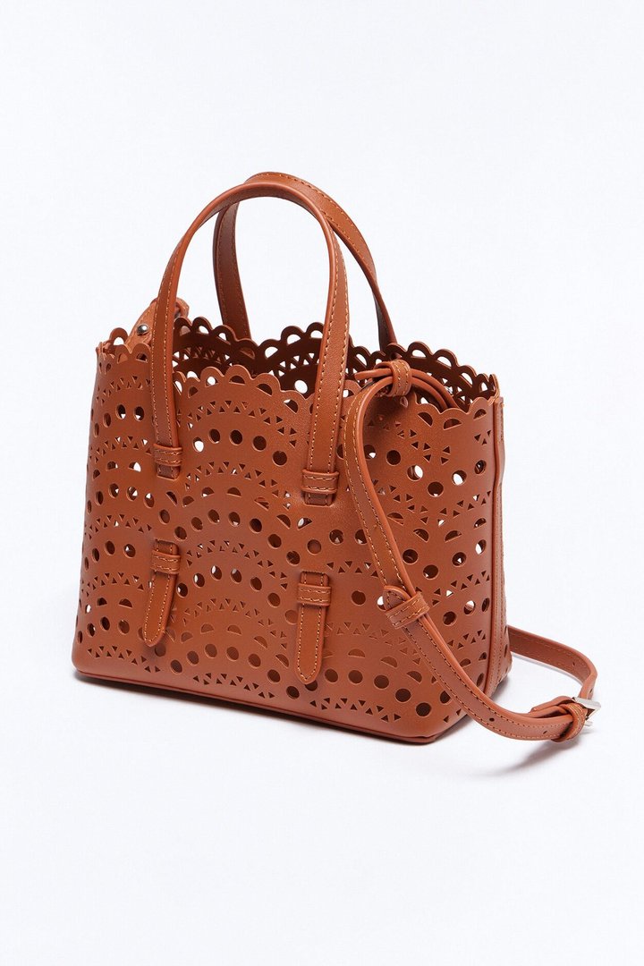 Lace On Faux Leather Crossbody Bag - Cognac