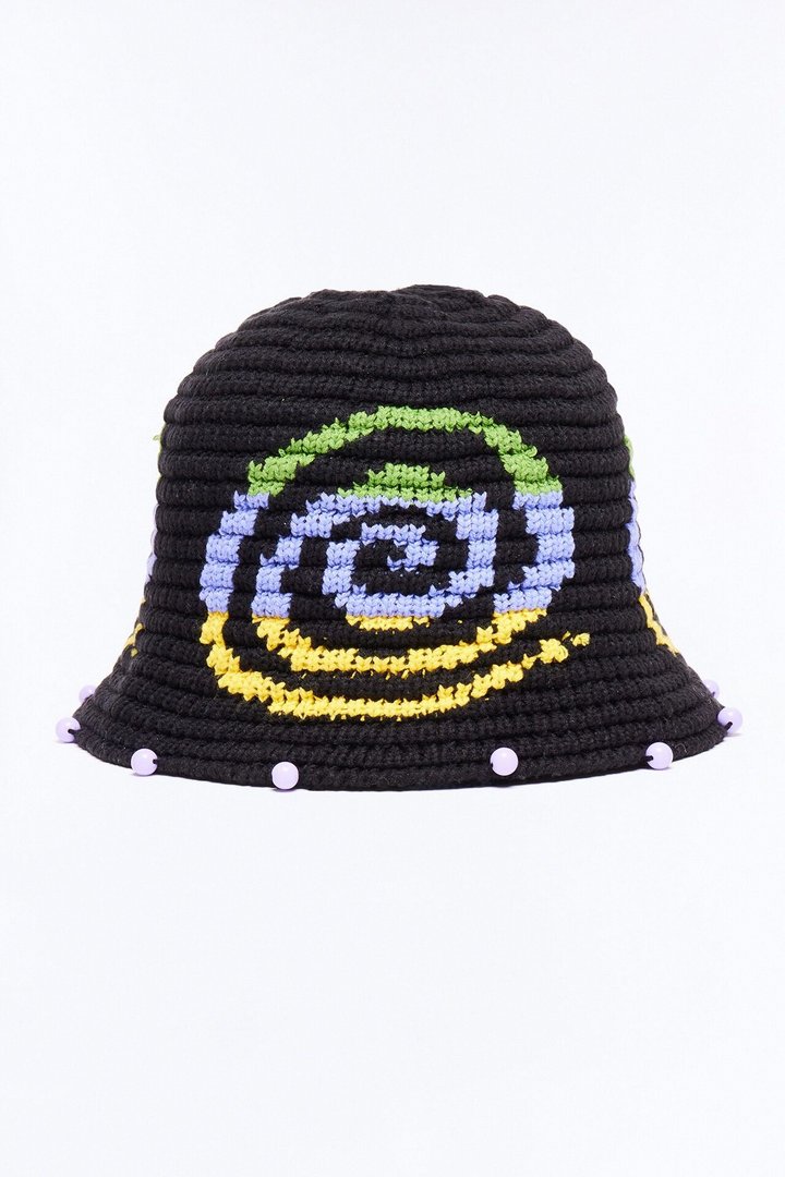 Swirl Crochet Knit Bucket Hat - Black