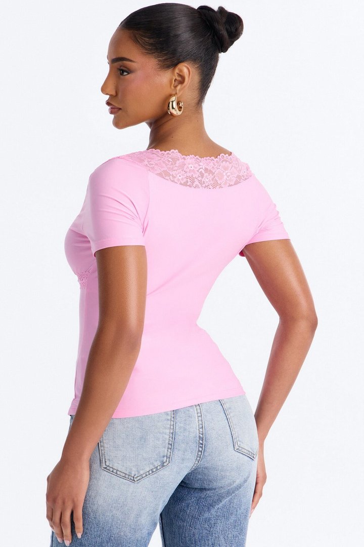 Bridget Lace Trim Short Sleeve Top - Pink