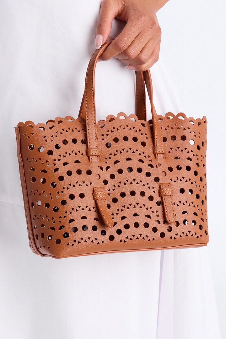 Lace On Faux Leather Crossbody Bag - Cognac