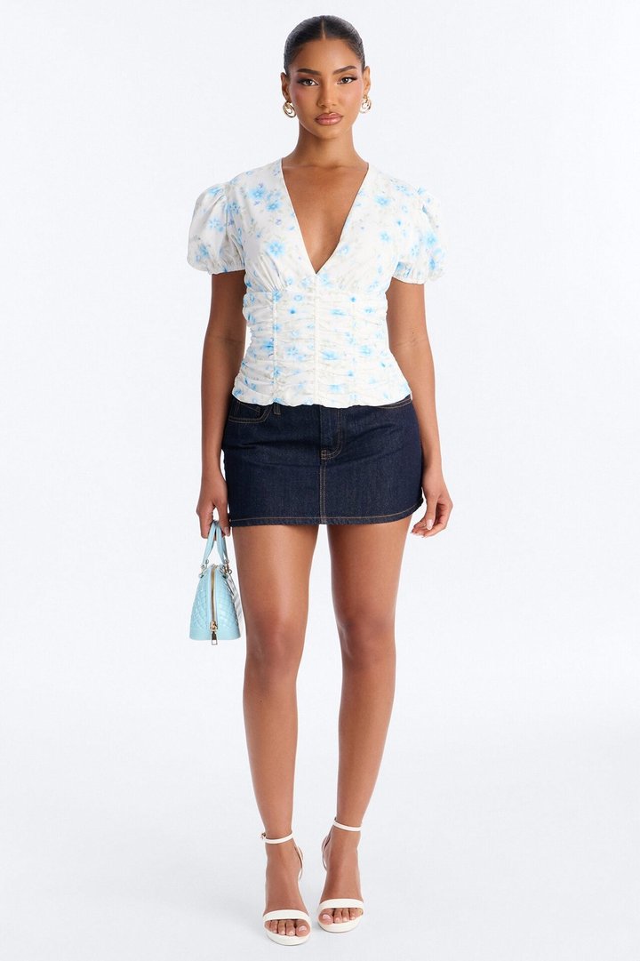 Arlene Puff Sleeved Floral Chiffon Top - Blue/combo