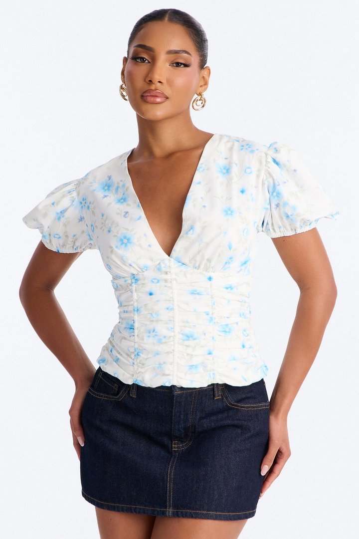 Arlene Puff Sleeved Floral Chiffon Top - Blue/combo