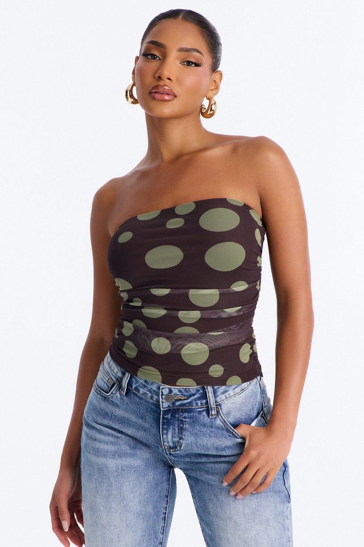 Kami Ruched Mesh Polka Dot Tube Top - Brown/combo