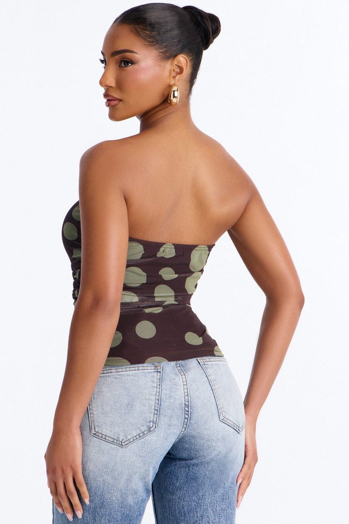 Kami Ruched Mesh Polka Dot Tube Top - Brown/combo