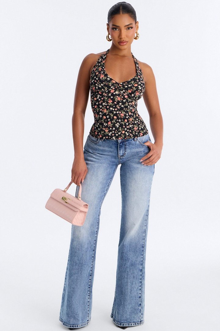 Rosie Double Lined Floral Halter Neck Top - Black