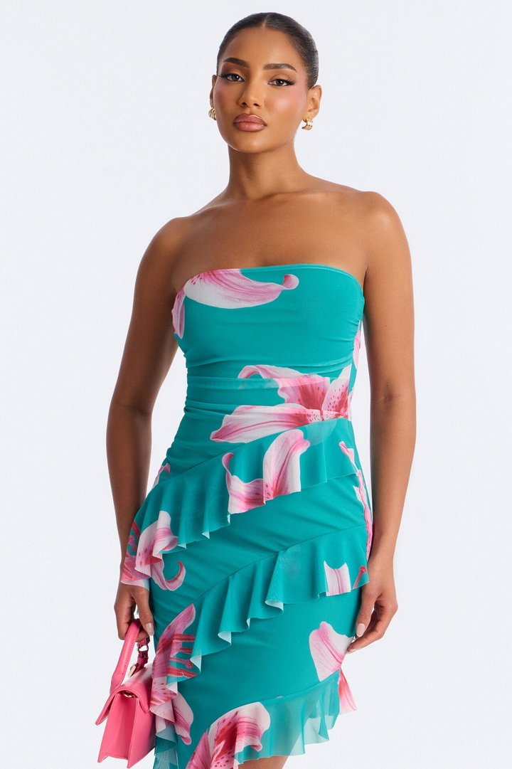 Presley Strapless Mesh Mini Dress - Teal/combo