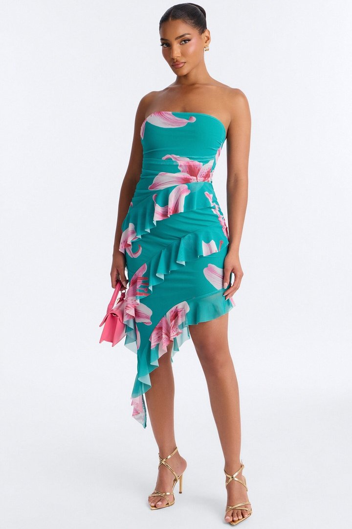 Presley Strapless Mesh Mini Dress - Teal/combo