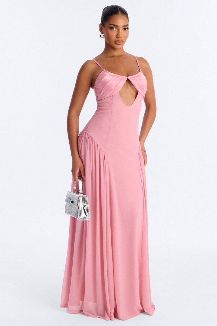Audrina Pleated Mesh Maxi Dress - Pink