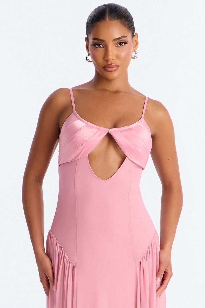 Audrina Pleated Mesh Maxi Dress - Pink