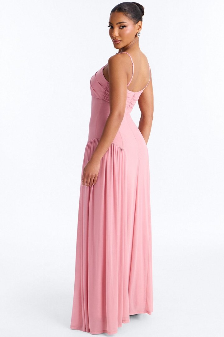 Audrina Pleated Mesh Maxi Dress - Pink