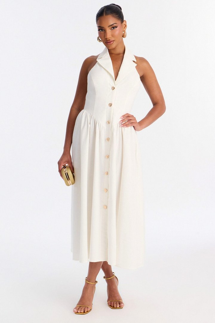 Giselle Collar Halter Midi Dress - White