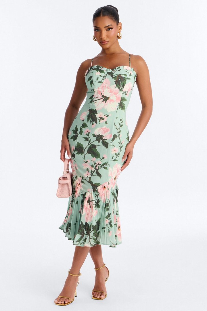 Izzy Floral Chiffon Midi Dress - Green/combo