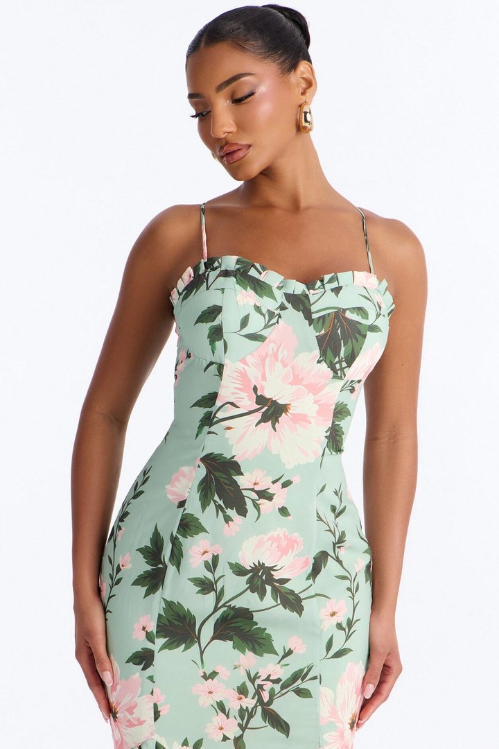 Izzy Floral Chiffon Midi Dress - Green/combo
