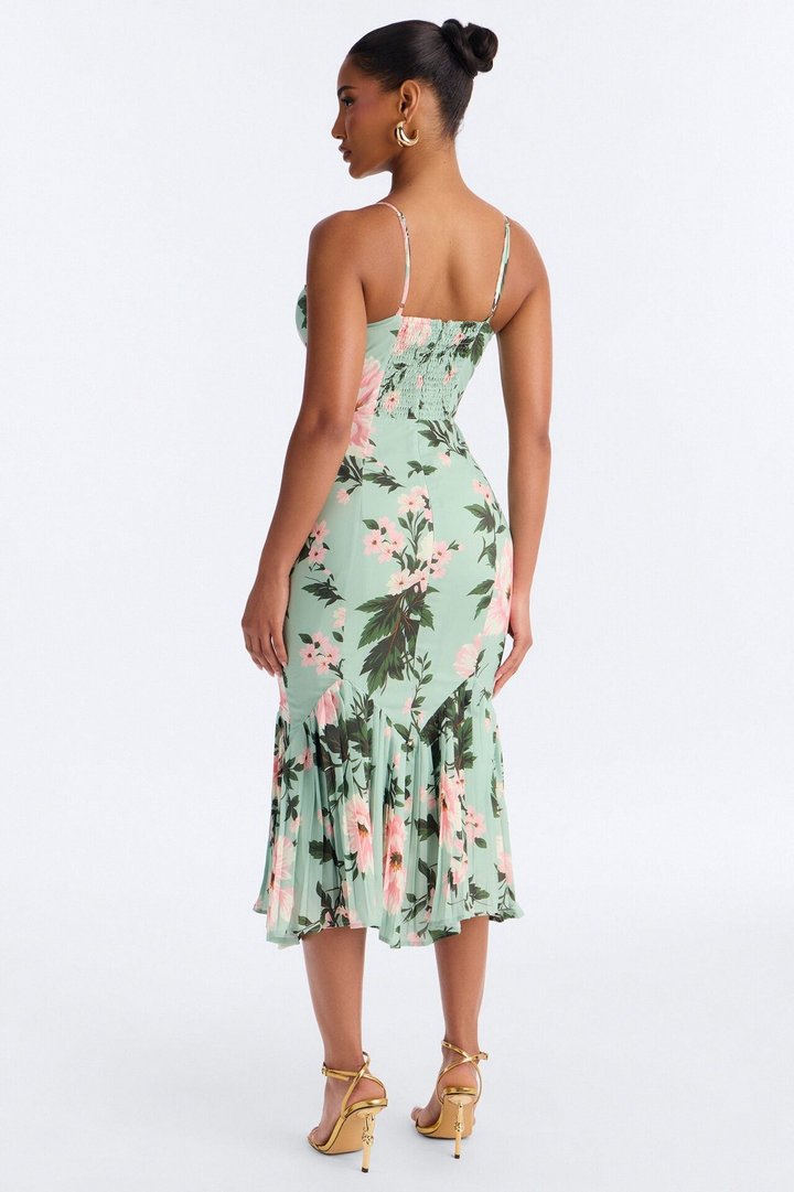 Izzy Floral Chiffon Midi Dress - Green/combo