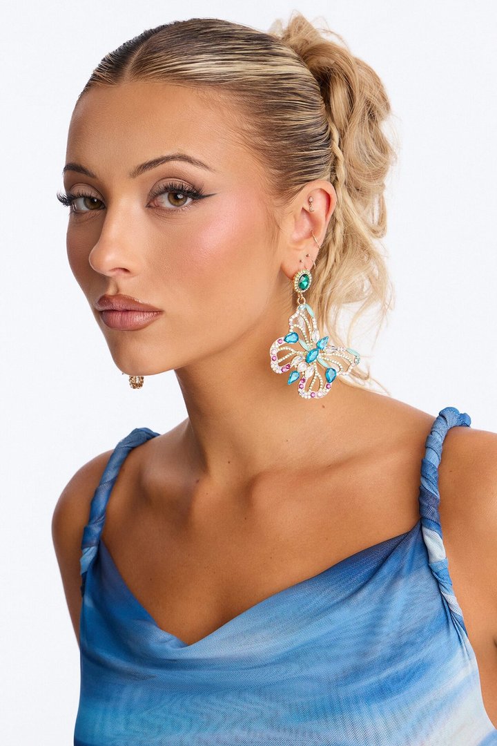 Calm Vibes Butterfly Rhinestone Drop Earrings - Blue/combo