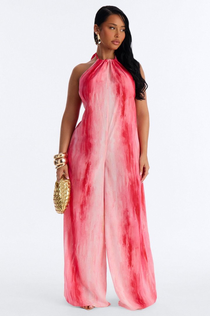 Sunset Hour Halter Wide Leg Jumpsuit - Pink