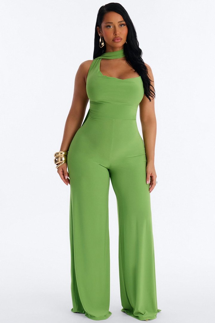 Maliyah Draped Scarf Wide Leg Jumpsuit - Green