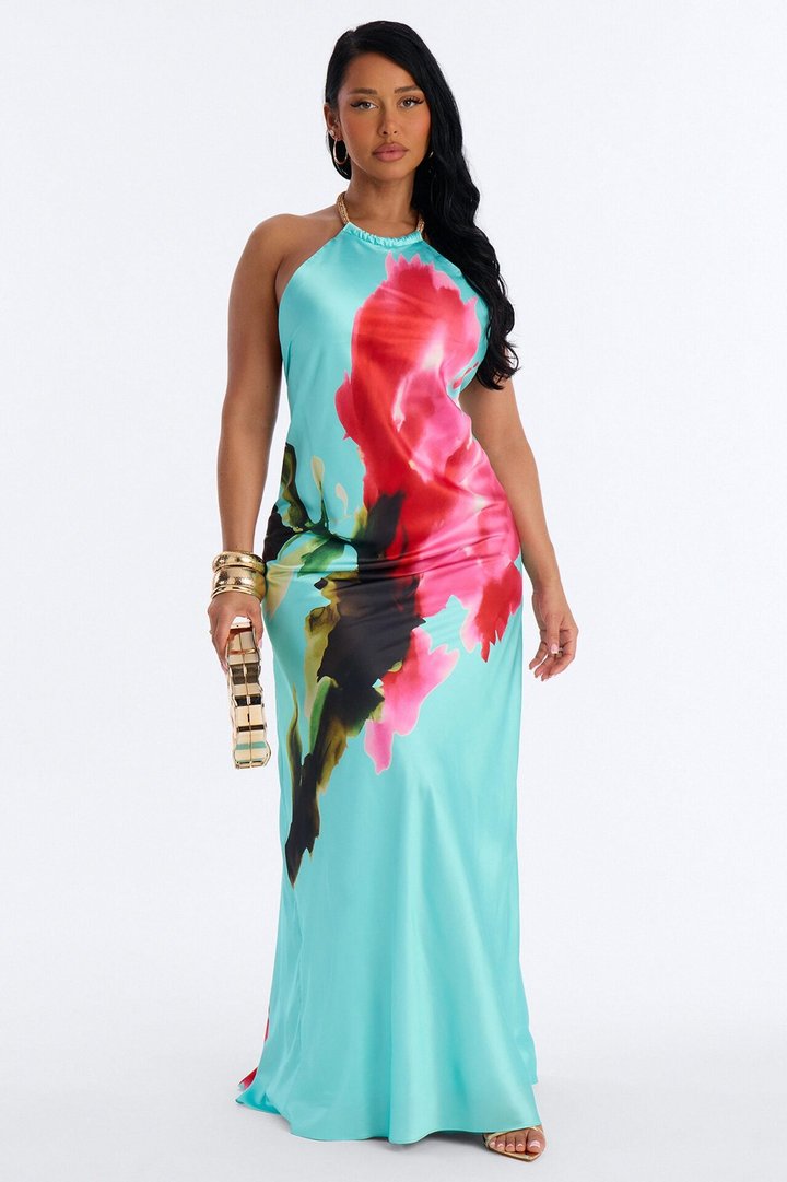 Cordelia Sleeveless Satin Maxi Dress - Turquoise/combo