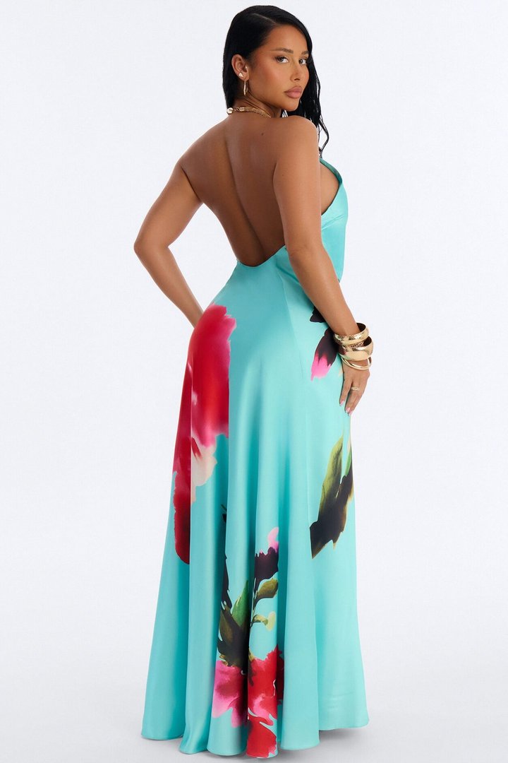 Cordelia Sleeveless Satin Maxi Dress - Turquoise/combo