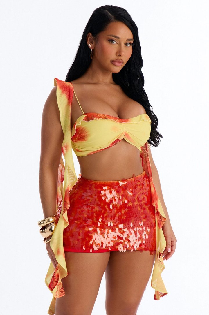 Perfect Paradise Mesh Drape Ruffle Bra Top - Orange/combo