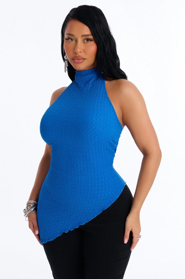 Barbados Textured Asymmetrical Halter Mock Neck Top - Royal